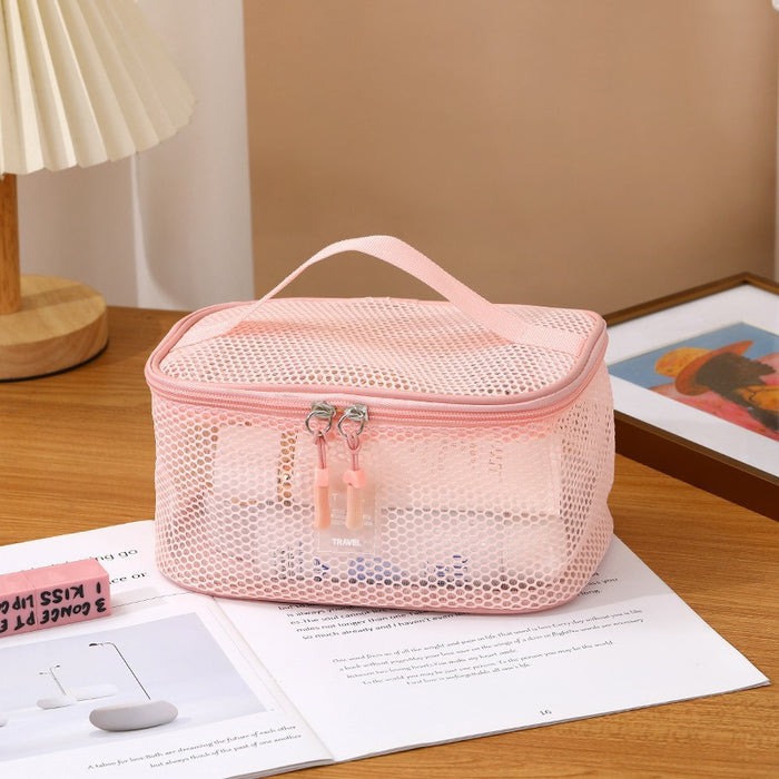 Wholesale Modern Multifunctional Mesh Cosmetic Bag 3 Piece Set Large Capacity Portable Foldable Travel Toiletry Organizer Handbag Pink