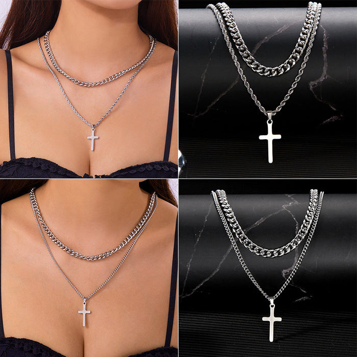Wholesale Stainless steel double cross necklace men' s titanium steel Cuban chain necklace