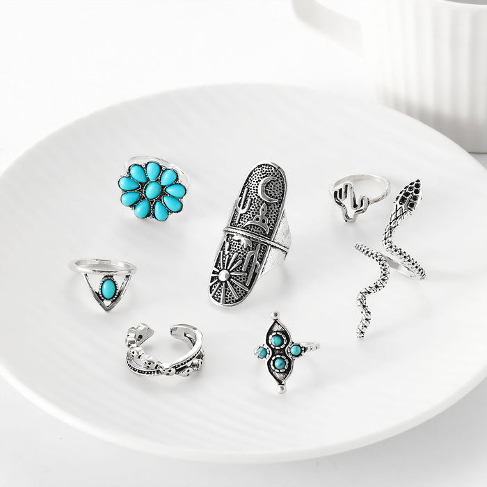 Wholesale 2pcs retro turquoise serpentine cactus 7 pieces Rings