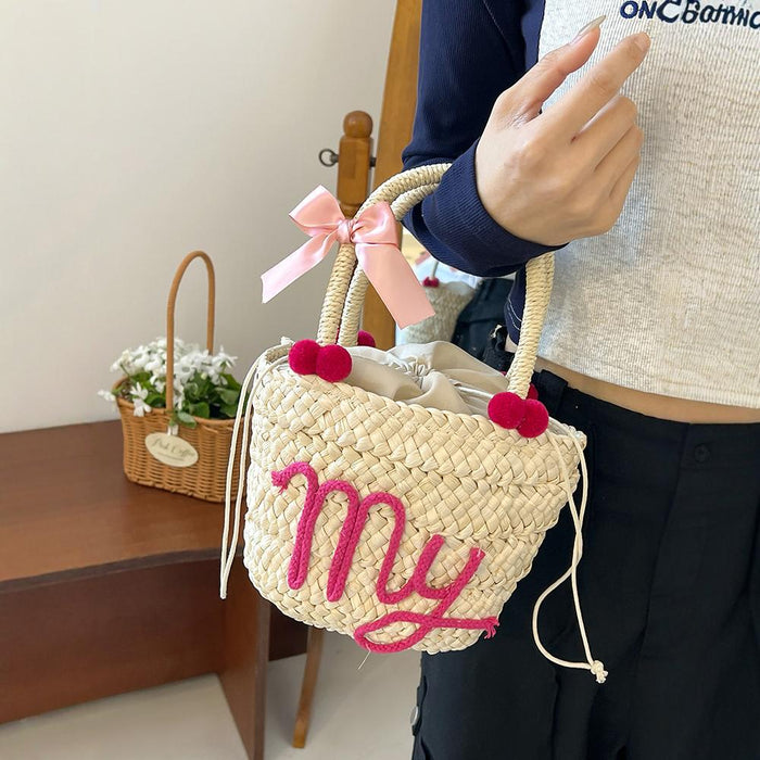Wholesale Summer Style Summer Simple Girly Style Straw Handbag Candy Color Bow Woven Bag Ready for Beach Travel