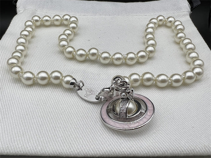 Wholesale Pearl Enamel 3D Saturn Pendant Long Necklace