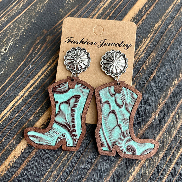 Wholesale Western Denim boots earrings classic leopard leather inlaid wood texture earrings