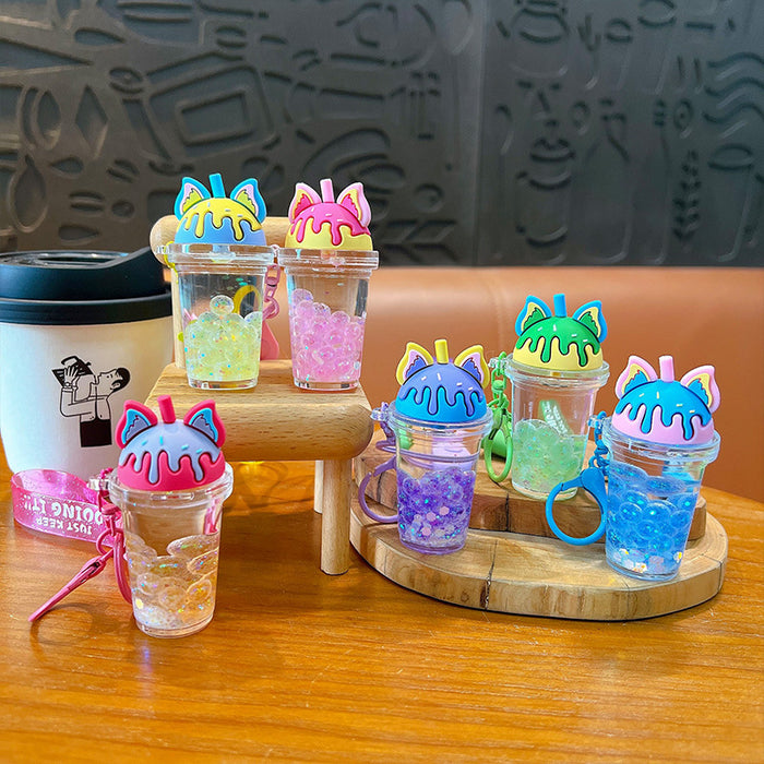 Wholesale Oil-filled bubble bead cat ear milk tea cup keychain