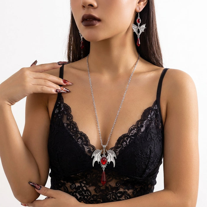 Wholesale Gothic Bat Wing Necklace and Earring Set Black Red Rhinestone Vintage Metal Chain