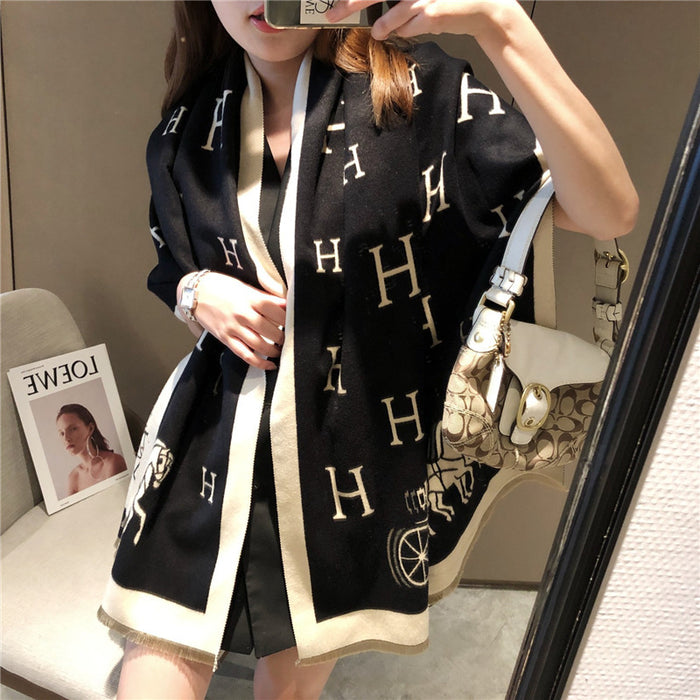 Wholesale H Carriage Medium Length Imitation Cashmere Scarf Korean Retro Neck Thick Warm Female Shawl JDC-SF-Yunt004