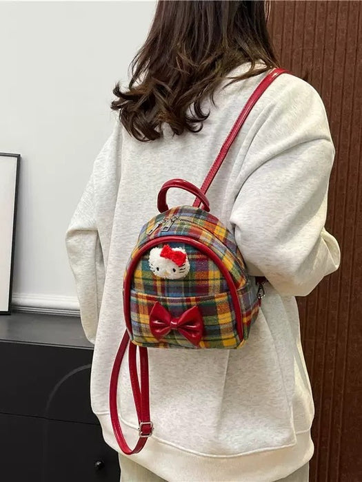 Wholesale Vintage Red Bow Plaid Cute Cat Backpack Bags