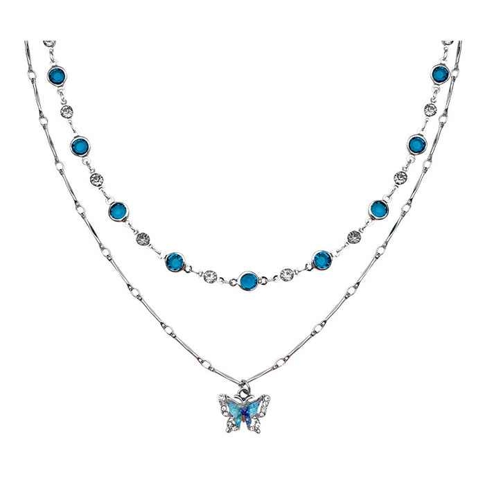 Wholesale Double layered blue butterfly zircon necklace with a luxurious and high-end feel, collarbone chain, fashionable design, niche