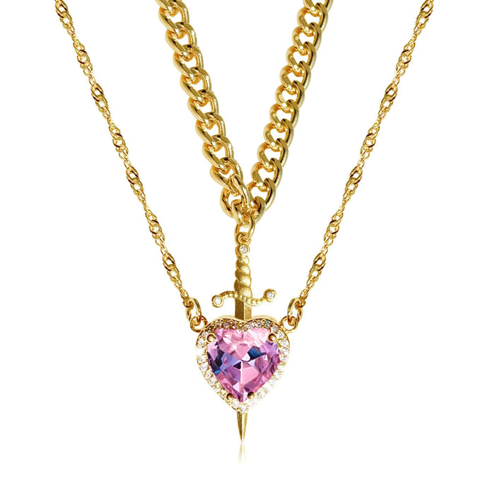 Wholesale Valentine' s Day Diamond-Encrusted Heart-Shaped Dagger Couple Pendant Set Clavicle Necklace