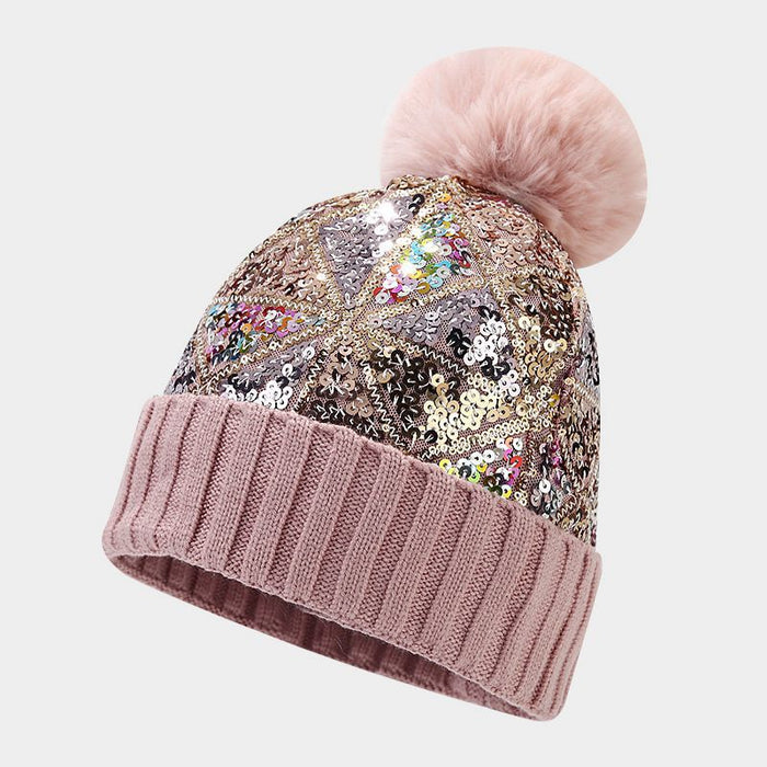 Wholesale Acrylic Colorful Sequins Thick Warm Wool Ball Ear Protection Knitted Hat JDC-FH-LvYi049