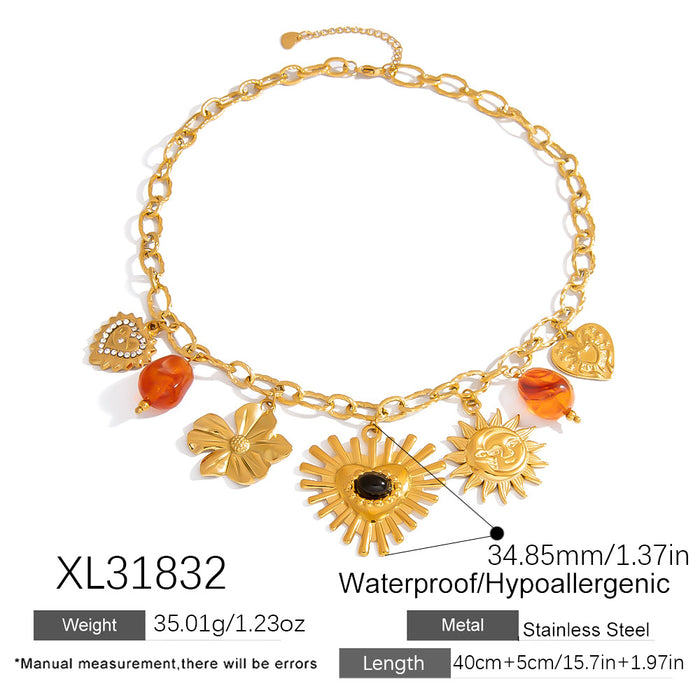 Wholesale Stainless steel necklace exaggerated love big sun resin inlaid natural stone pendant waterproof clavicle chain