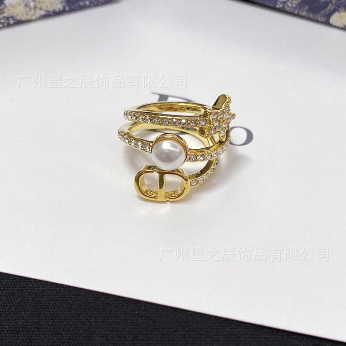 Wholesale Three ring large pearl ring, women's full diamond surround ring