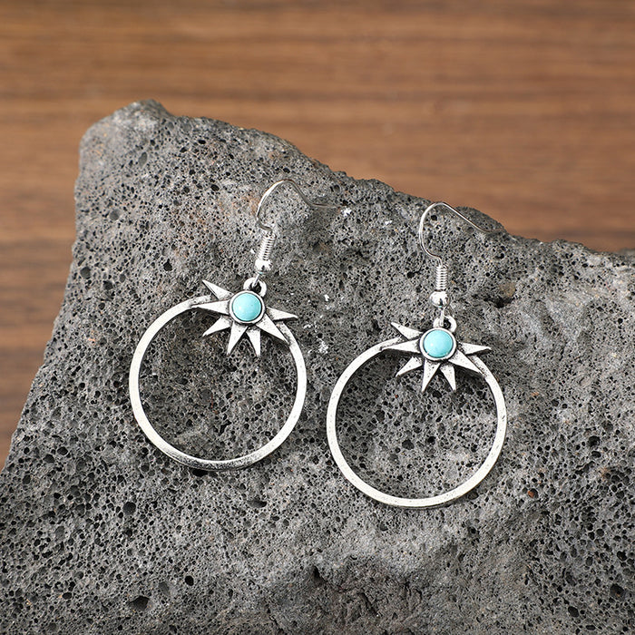 Wholesale Silver-Rimmed Starburst Turquoise Earrings