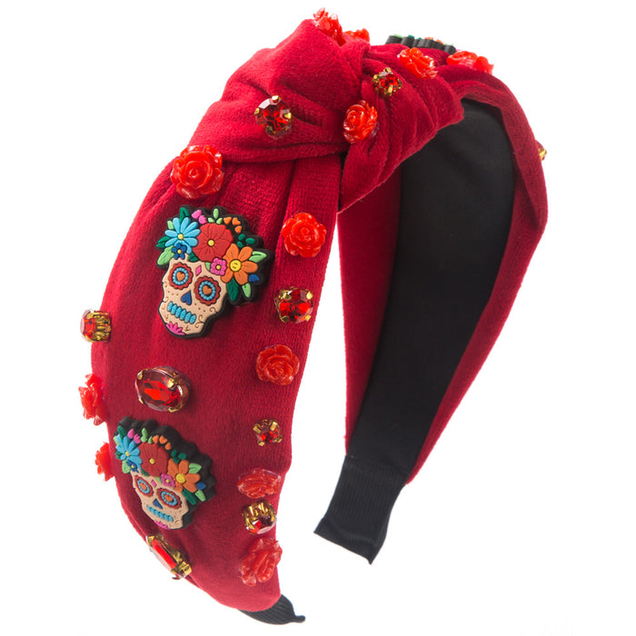 Wholesale Halloween Velvet Cartoon Skull 3D Rose Fabric Wide Brim Headband JDC-HD-HM030