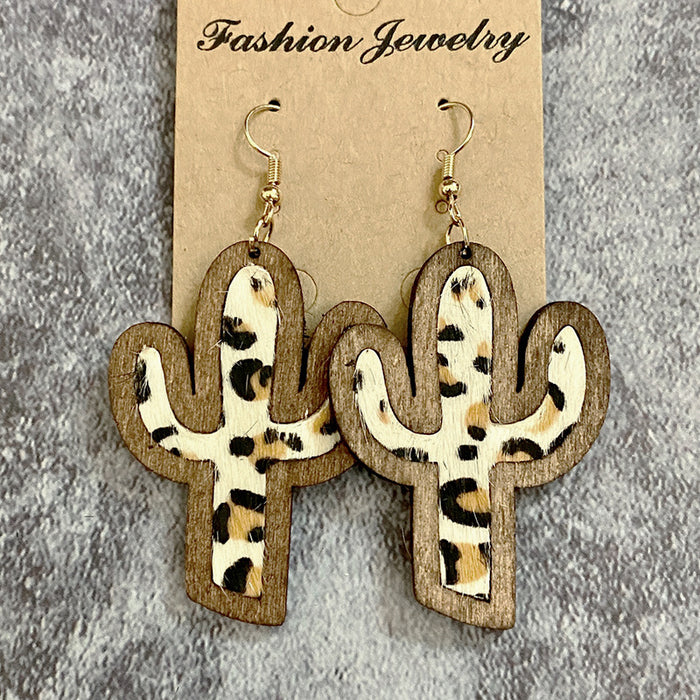 Wholesale Wood earrings dairy cow print leopard print leather horse hair inlaid cactus earrings