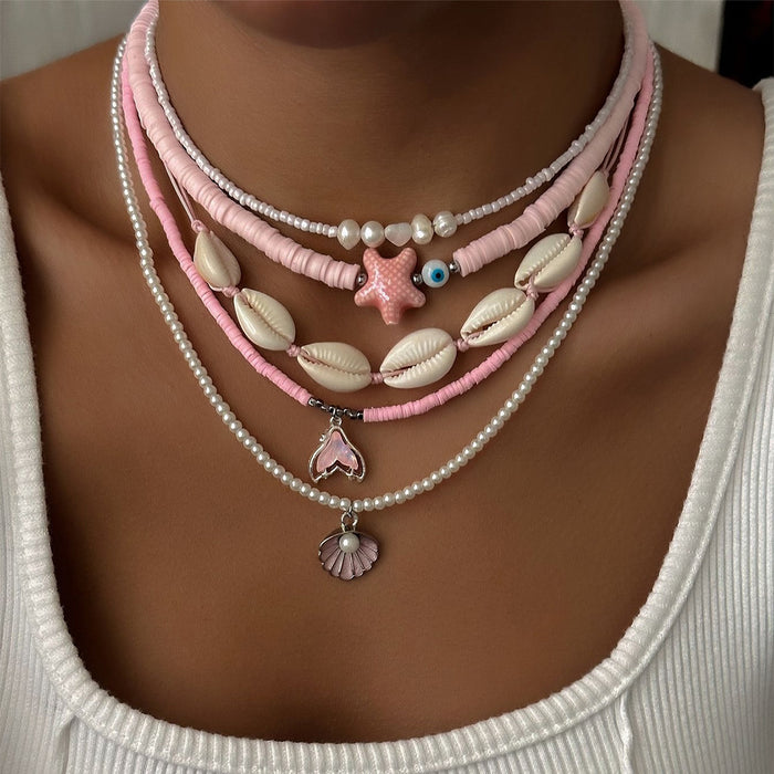 Wholesale Shell Necklace Pink Beads Starfish Pearl Multi-Layered Necklace for Women