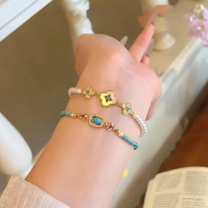 Wholesale Antique Imitation Turquoise Beaded Bracelet Stacked Metal Flower Bracelet Versatile Temperament Fashion Jewelry for Women