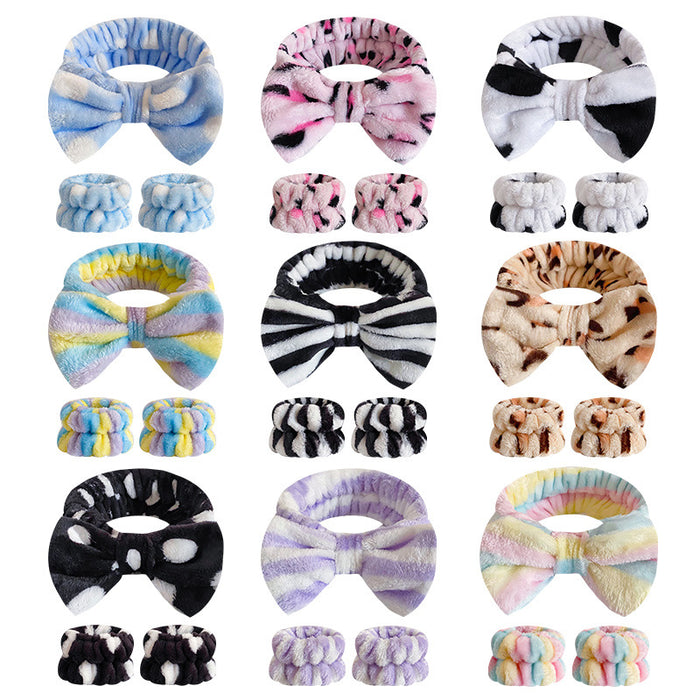 Wholesale Leopard Print Bow Striped Headband Wrist Strap Set Face Wash Mask Headband Flannel Hair Accessories