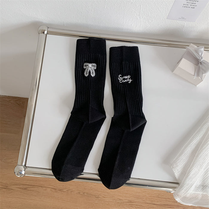 Wholesale Pile up socks, bow embroidery, mid length socks, embroidered cotton socks