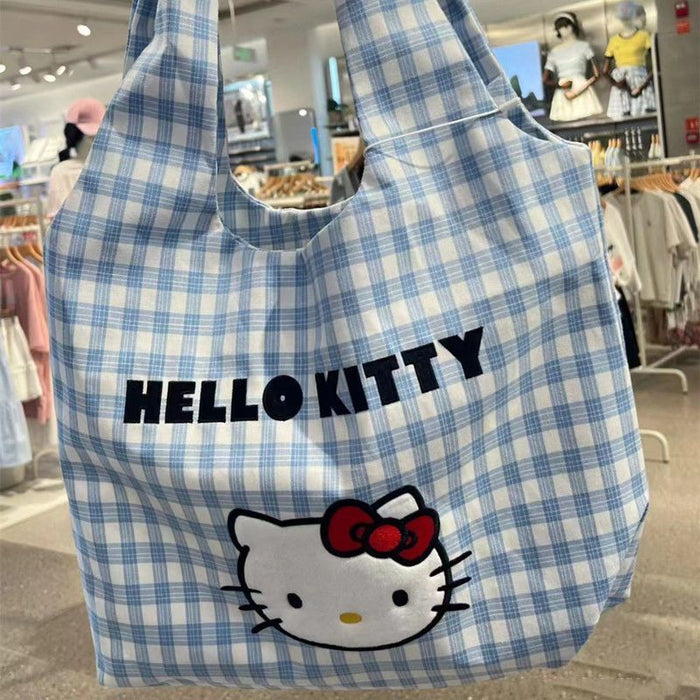 Wholesale Versatile cartoon shoulder bag, checkered casual canvas bag, wholesale for students