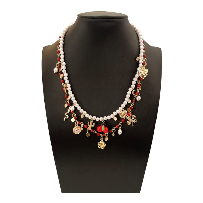 Wholesale Imitation Pearl Glass Double Layer Stacked Alloy Flowers Necklace Women