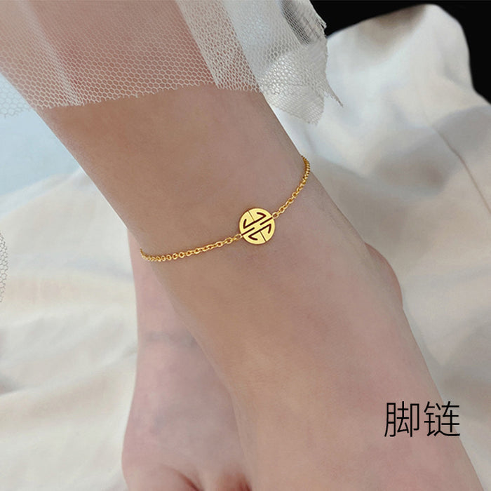 Wholesale Round " Fu"  character anklet titanium steel 18K gold