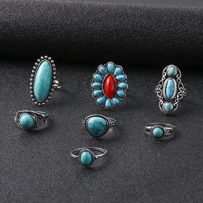 Wholesale 2pcs retro Bohemian turquoise 7 pieces set ring