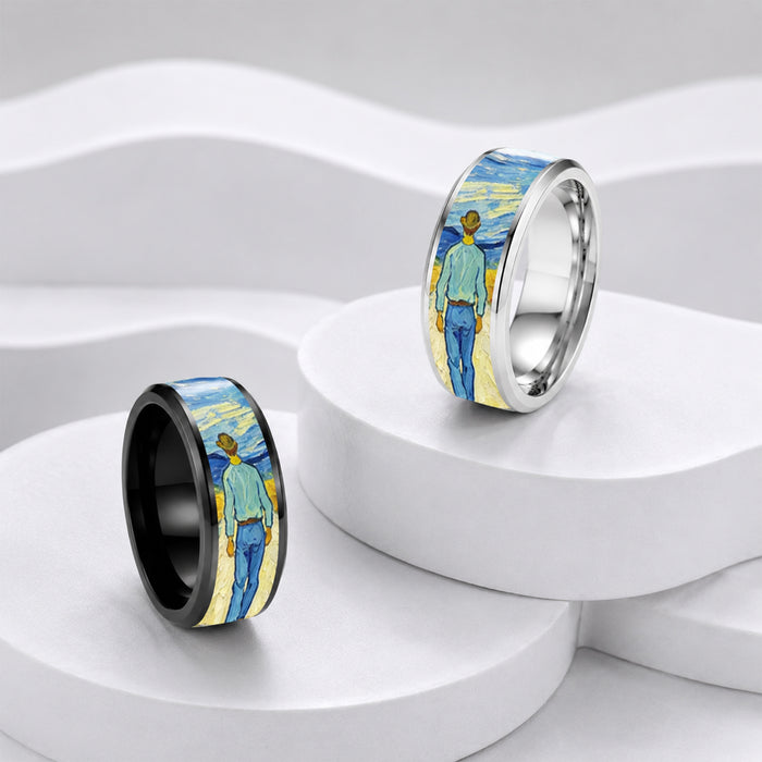 Wholesale Vintage Oil Painting Transfer Stainless Steel Ring Fashion Jewelry Accessory