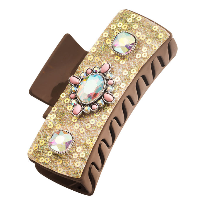 Wholesale Retro Leather Diamond-encrusted Pearl Turquoise Grab Clip Back Head Tie Hair Square Clip Elegant Hair Clip