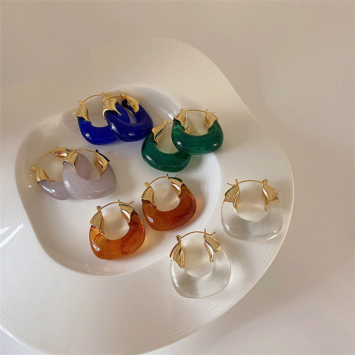 Wholesale Retro geometric U-shaped colored transparent resin and metal earrings