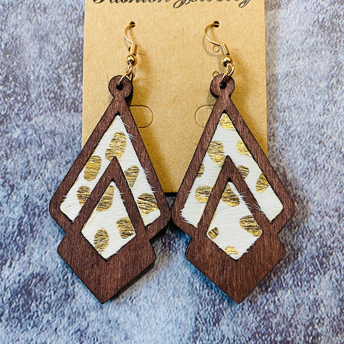 Wholesale Western retro wooden earrings leopard print milk pattern inlaid earrings geometric hollow