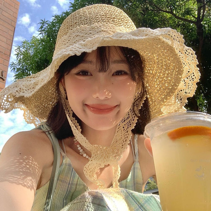 Wholesale Lace lace straw hat with curled edges and hollowed out Lafite sun hat, large brim