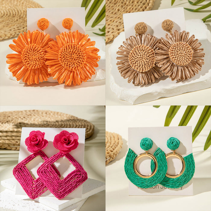Wholesale hand woven raffia grass holiday style earrings summer color matching beach style earrings