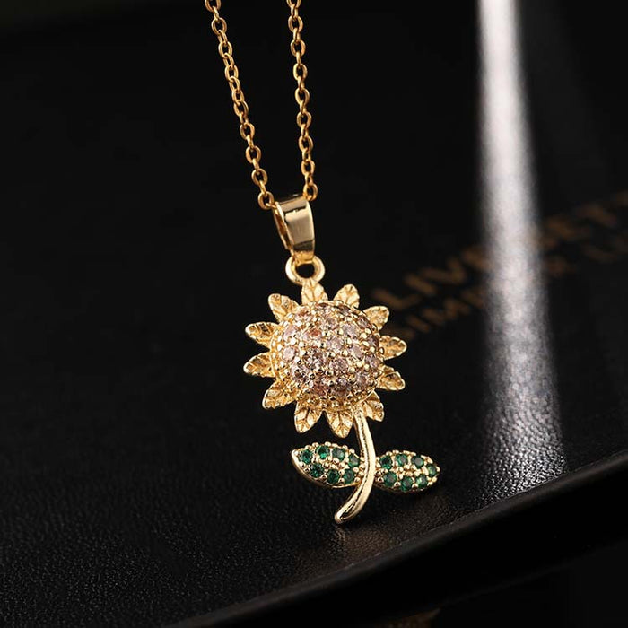 Wholesale Gold Plated Copper Zircon Colored Sunflower Necklace JDC-NE-ShangY037