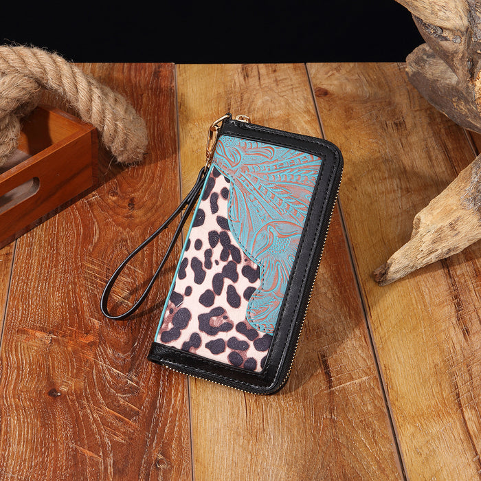 Wholesale Vintage leather carving embossed bohemian style ladies hand-held wallet card holder purse