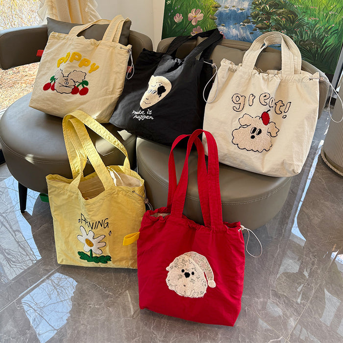 Wholesale New cartoon embroidery drawstring shoulder bag, casual canvas bag, large capacity commuting bag
