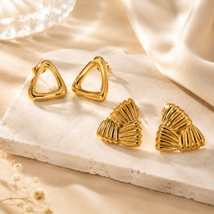 Wholesale titanium steel striped geometric stud earrings,  triangle 18k gold openwork earrings,  stainless steel earrings