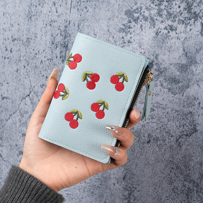 Wholesale Blue Embroidered Fruit Pattern PVC Wallet for Daily Matching MOQ≥3