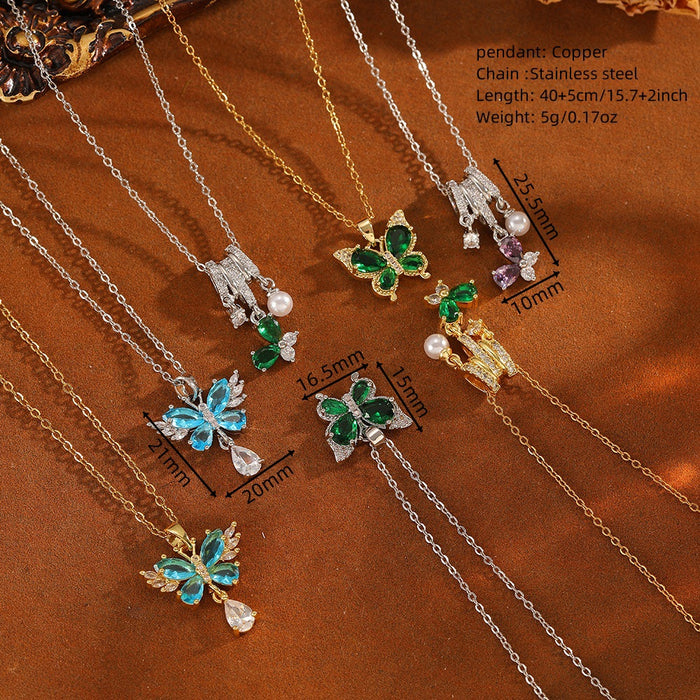 Wholesale Titanium Steel Butterfly Pendant Necklace with Pearl and Crystal Accents - Trendy Jewelry Accessory