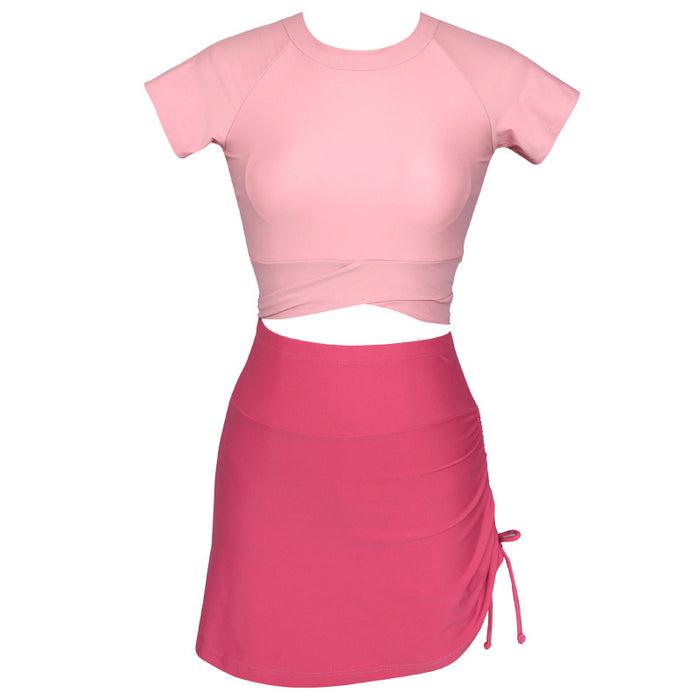 Wholesale Split swimsuit set with drawstring skirt two-piece set