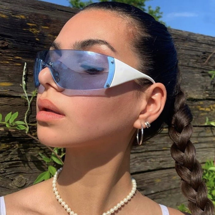 Wholesale Frameless one-piece sunglasses, pentagram sunglasses, sports glasses