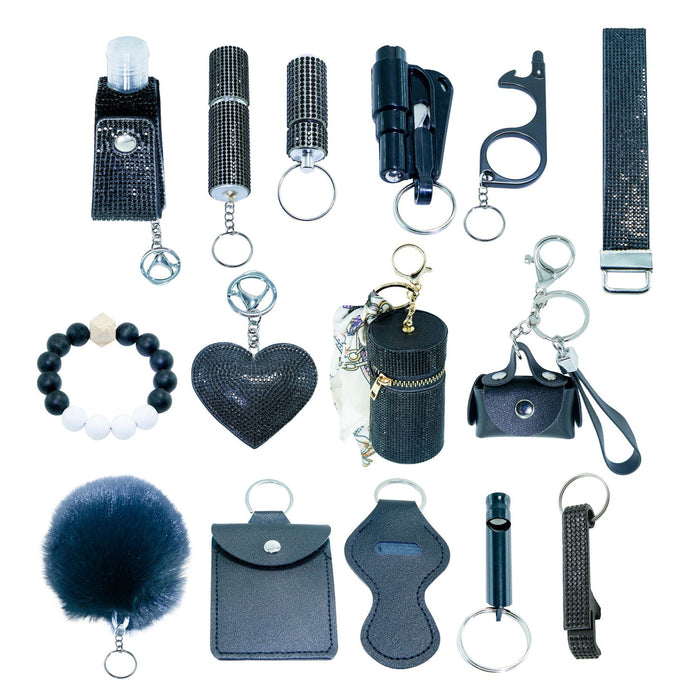 Wholesale Rhinestone Lipstick 15 Piece Keychain Set PU Leather Trendy Self Defense Accessory For Women Boutique Resale