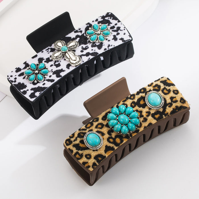 Wholesale Hairpin Leopard Shark Clip Alloy Turquoise Accessories Vintage Leopard Leather Clip Trendy Hair Accessories