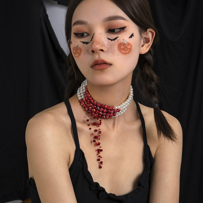 Wholesale jewelry round beads necklace vintage gothic style blood drop tassel imitation pearl necklace