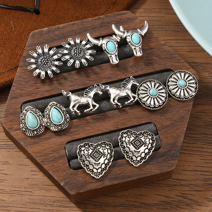 Wholesale Trendy Bohemian Turquoise Bull Head Flower Earrings For Women Alloy Handmade Jewelry Accessory Boutique Resale