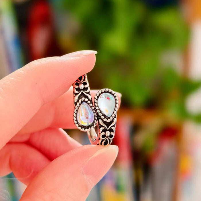 Wholesale Vintage Bohemian Copper Moonstone Ring Open Adjustable Spoon Bow Design Thai Silver Tone Women S Fashion Jewelry Accessory
