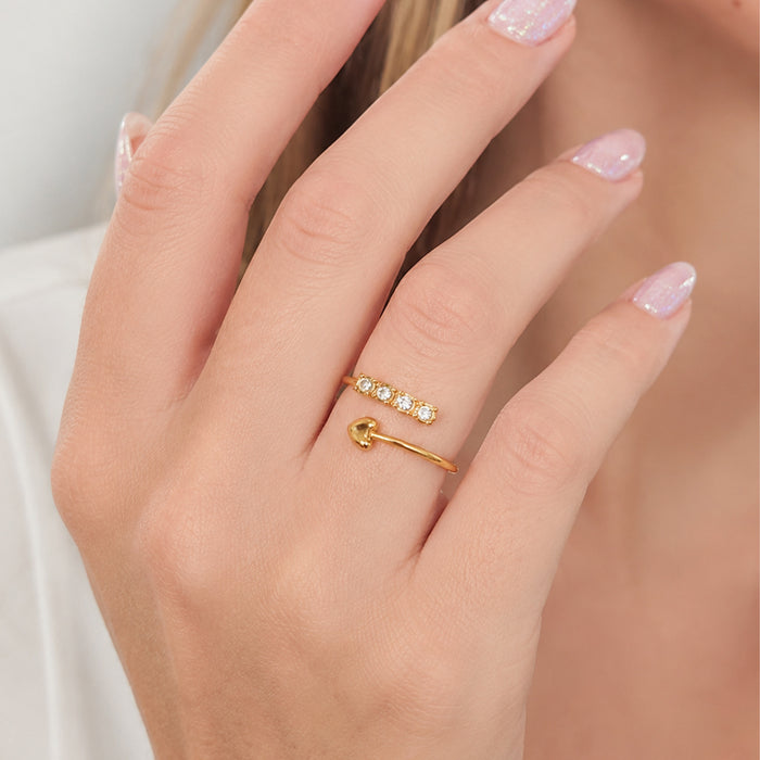 Wholesale Heart Rhinestone Open Adjustable Ring Stainless Steel Gold Plated Jewelry Accessory