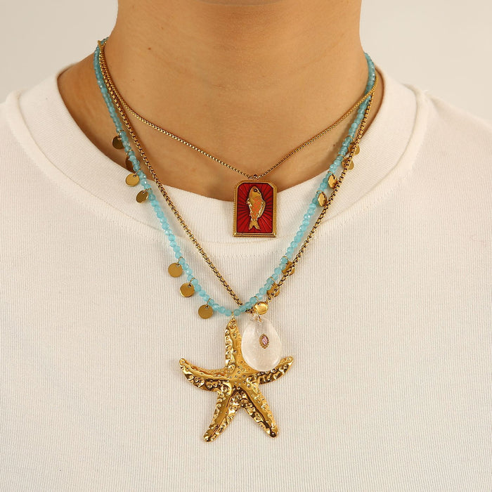 Wholesale New Fashion Stainless Steel Flower Necklace Natural Stone Starfish Accessories Color Preserving Wholesale