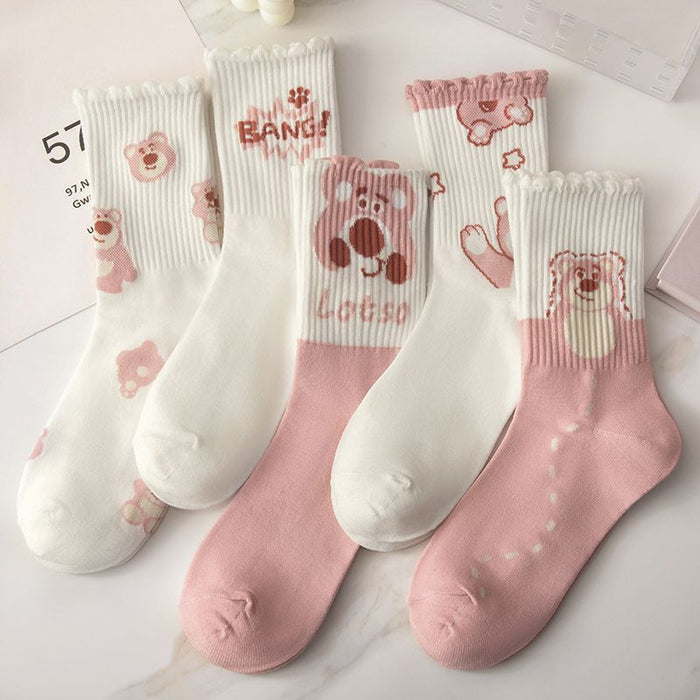 Wholesale Pink Socks Women's Mid-barrel All-match Autumn and Winter Cute Bear Sweet All-match Student Sports Stockings