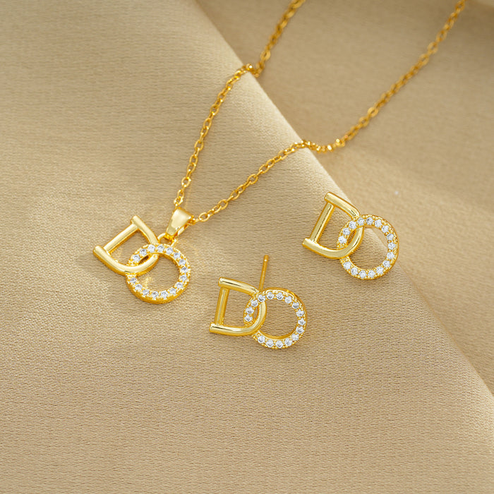 Wholesale Zirconia Heavy Industry Real Gold Electroplated Copper Micro-inlaid Earrings and Necklace Set JDC-NE-OBK007