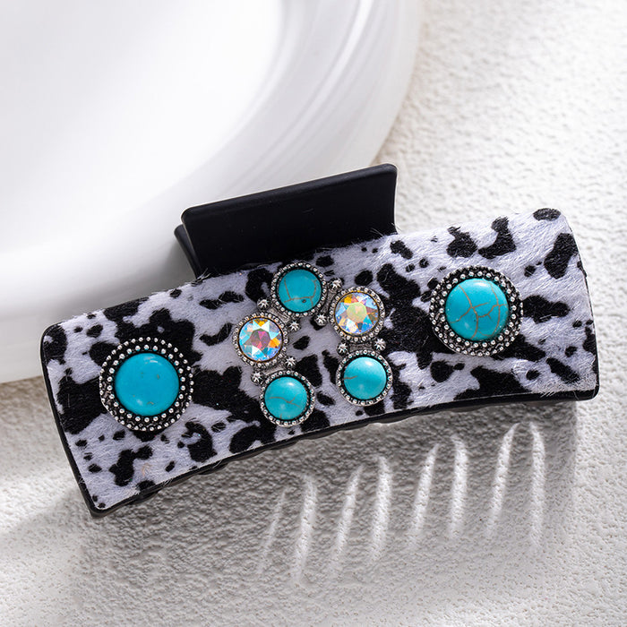 Wholesale Bohemian turquoise grab clip high-end female retro leopard print sequined leather ethnic style back of the head shark clip